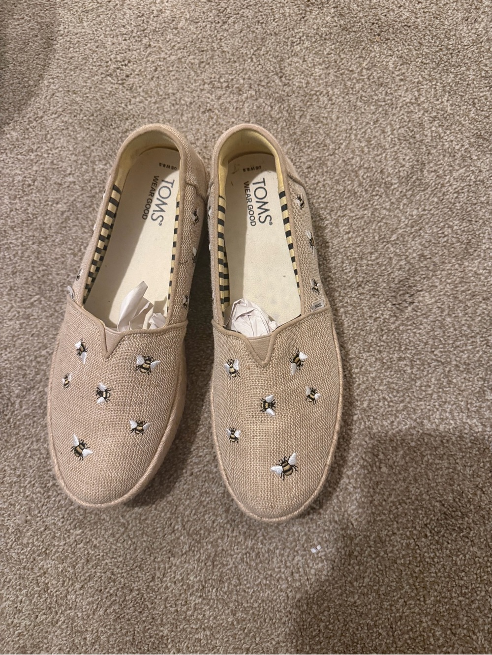 TOMS Beige Canvas Slip-Ons with Bee Embroidery